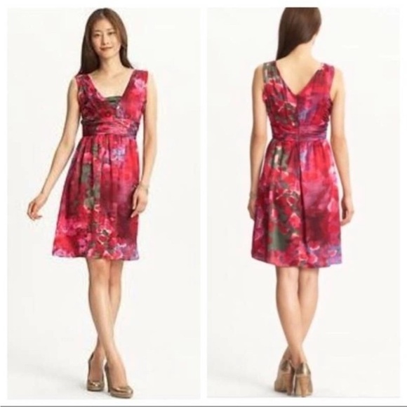 Banana Republic Y2K Silk Watercolor Floral Dress Red Pink Fit & Flare Sleeveless - Picture 1 of 12